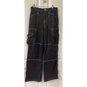 Rachel Paige black denim med cargo utility white stitching wide leg goth grunge